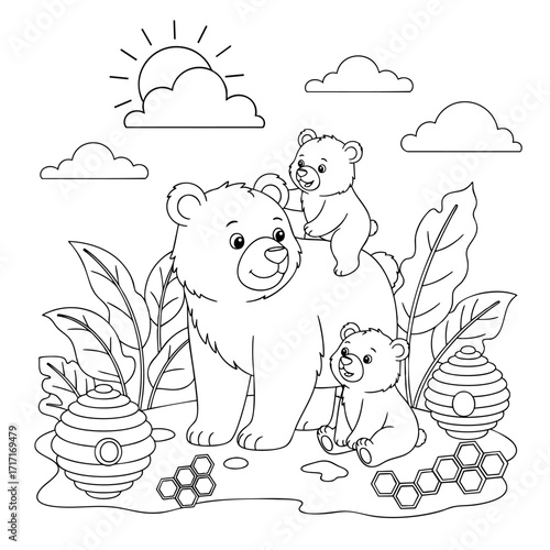 Tableau sur toile Happy Bear Family Coloring Page