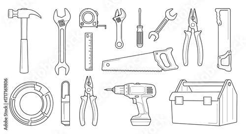 Vector Icons Set of Hand Drawn Collection of Various Workshop and Construction Tools. EPS Editable