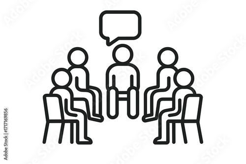 Support group icon vector, thin line illustration of group therapy session, community discussion, emotional support, peer connection, mental health meeting, counseling concept