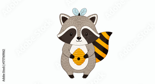 Charming hand-drawn style raccoon character illustration with bee wings and a yellow-striped tail, sweetly holding a honey pot, perfect for whimsical children's designs and playful digital assets