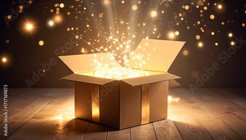 Open Gift Box With Garland Lights. Year Celebrations Concept.