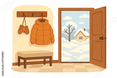 Cozy winter hallway interior with open door revealing snowy landscape, small house and bare tree, warm down jacket and mittens hanging on wooden rack, flat style illustration