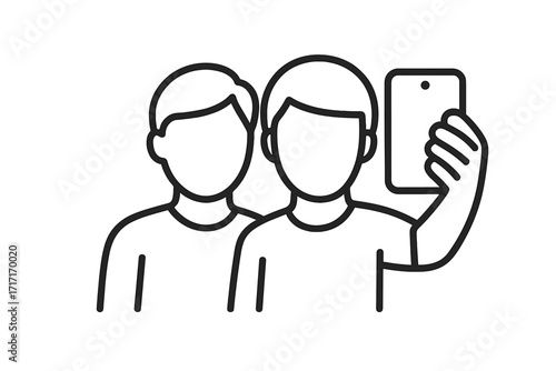Two people taking a selfie icon, thin line editable stroke vector illustration, social media concept, smartphone photography, friendship portrait, group photo, modern digital memory
