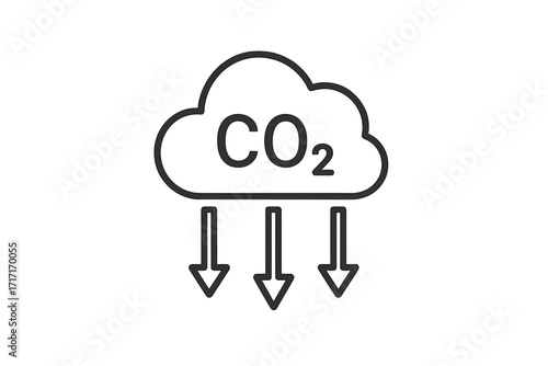 CO2 emissions reduction vector icon. Carbon dioxide air pollution. Climate change concept. Greenhouse gas. Carbon capture storage technology. Net zero future. Decarbonization.