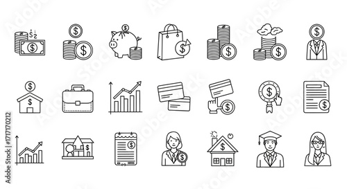 Vector Icons Set of Hand Drawn Finance and Business Doodle Icon Set. EPS Editable