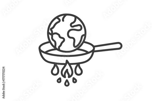 Global warming concept icon, vector illustration of Earth cooking in frying pan with fire and melting droplets, environmental crisis, climate change symbol, heat planet danger