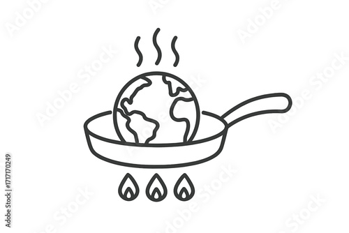 Vector thin line icon outline linear stroke illustration of a globe being cooked in a frying pan, symbolizing global warming concept, environmental heat, climate change, planet Earth crisis