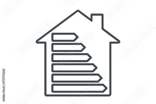House with energy efficiency chart icon. Building performance rating concept. Home power consumption class. Sustainable eco friendly certificate label. Green energy vector symbol.