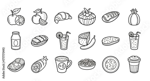 Vector Icons Set of Hand drawn food and drink icons set in a black and white doodle style. EPS Editable