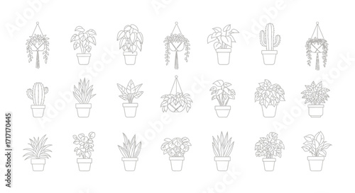 Vector Icons Set of Hand Drawn Houseplants in Pots Outline Icon Set. EPS Editable