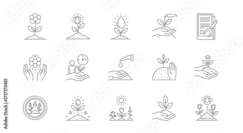 Vector Icons Set of Hand Drawn Line Icons Set for Plant Growth and Gardening. EPS Editable