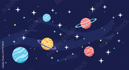 Colorful planets and stars drift across a dark blue cosmic space