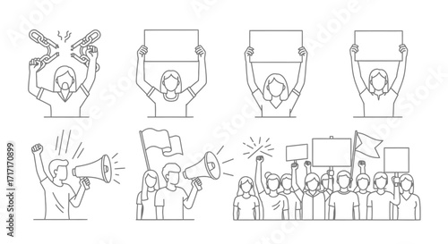 Vector Icons Set of Hand drawn set of protest illustrations showing people with signs megaphones and breaking chains. EPS Editable