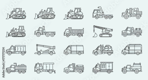 Vector Icons Set of Heavy Duty Construction and Industrial Truck Line Art Icon Set. EPS Editable