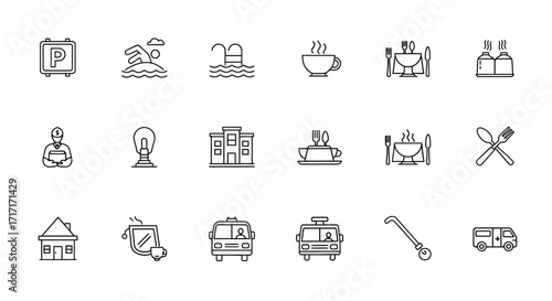 Vector Icons Set of Hospitality and Travel Services Outline Icon Set Collection. EPS Editable