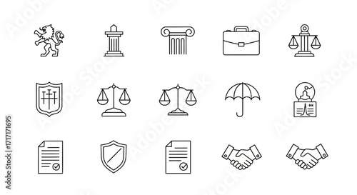 Vector Icons Set of Law and justice thin line icon set for legal services and court system. EPS Editable