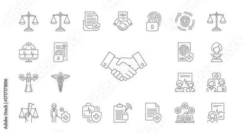 Vector Icons Set of Law Justice Insurance and Healthcare Thin Line Icon Set Collection. EPS Editable