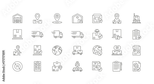 Vector Icons Set of Logistics and delivery service thin line icon set Warehouse shipping and transportation vector icons. EPS Editable