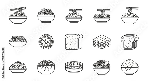 Vector Icons Set of Monochrome food icon set with bowls bread and desserts. EPS Editable