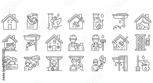 Vector Icons Set of Roof And Chimney Repair Hand Drawn Icon Set Collection. EPS Editable
