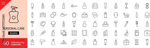 Personal care icons set. Includes symbols of skincare, hygiene, cosmetics, grooming, wellness, and self-care. Editable stroke. Vector illustration. Outline icons. Perfect for beauty and wellness. 