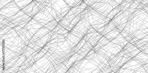 This high-contrast, graphic image features a network of chaotic, interwoven black lines and curved shapes, creating a complex pattern against a stark white background