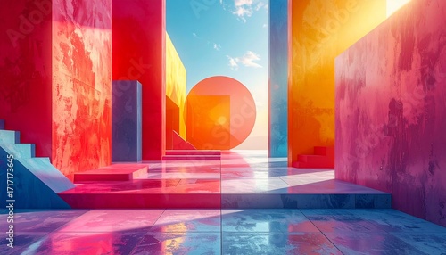 A vibrant, colorful architectural space features geometric shapes and vibrant hues, illuminated by a bright sun.