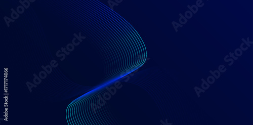 Elegant dark blue background features gracefully curved, thin, light blue lines creating a modern, sophisticated wave pattern that evokes a sense of digital technology