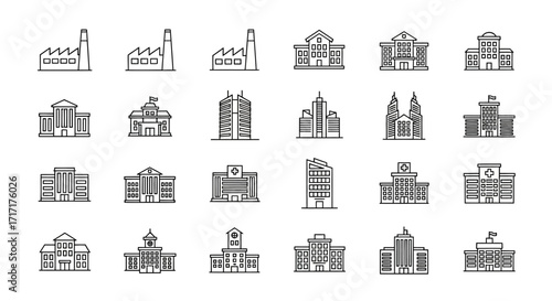 Vector Icons Set of City Buildings and Urban Architecture Thin Line Icon Set. EPS Editable