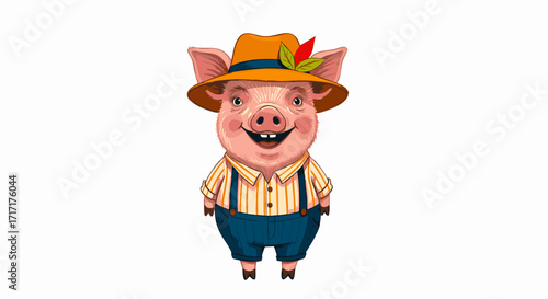 Whimsical cartoon pig character standing upright, smiling cheerfully in a stylish fedora hat with a feather and red chili, striped shirt, and blue suspender pants