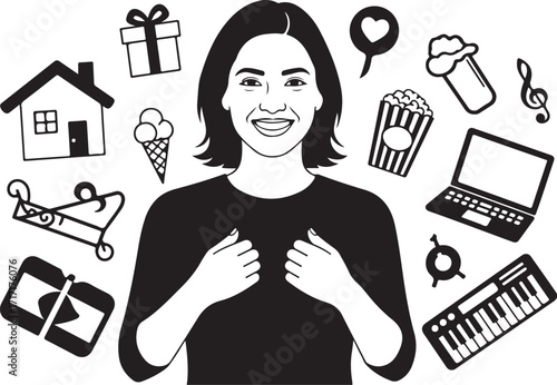Happy person surrounded by icons