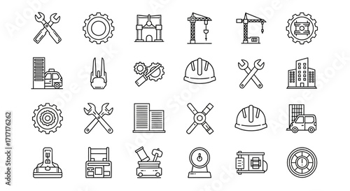 Vector Icons Set of Construction Engineering and Industrial Tools Line Icon Set. EPS Editable