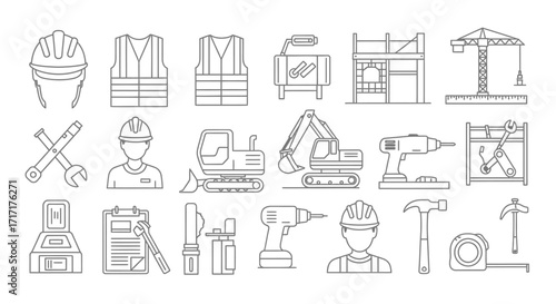 Vector Icons Set of Construction worker equipment and heavy machinery line art icons. EPS Editable