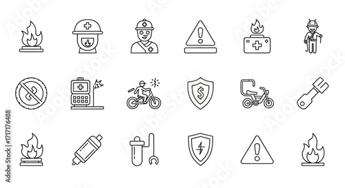 Vector Icons Set of Electric Bike Battery Fire Safety Doodle Icon Set Collection. EPS Editable
