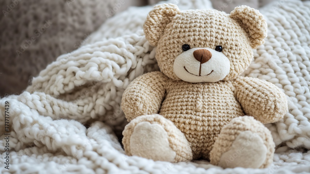 Fototapeta premium Cozy teddy bear resting on a soft knitted blanket