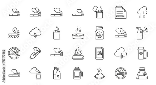 Vector Icons Set of Hand Drawn Smoking and Tobacco Related Line Art Icon Set. EPS Editable