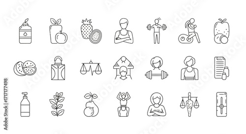 Vector Icons Set of Healthy Lifestyle and Wellness Linear Icons Set for Health and Fitness. EPS Editable