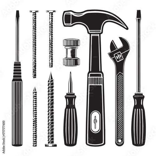 Black fixing and fastening-tools Silhouette Vector, High Quality Illustration on White Background