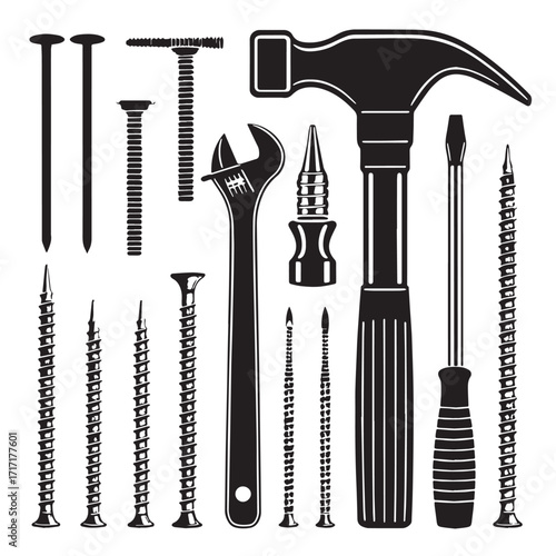 Black fixing and fastening-tools Silhouette Vector, High Quality Illustration on White Background