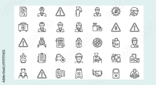 Vector Icons Set of Industrial Safety and Construction Worker Line Icon Set. EPS Editable