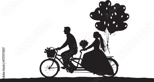 Couple riding tandem bicycle balloons