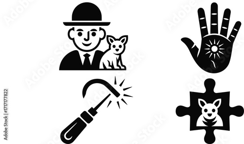 Stylized graphics collection featuring man with pet, hand symbol, puzzle, and tool