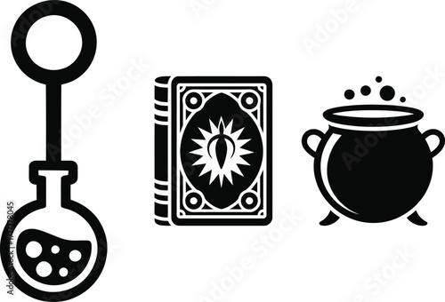 Cast a spell with potion, spellbook, and cauldron icons for designs now
