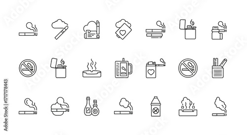 Vector Icons Set of Smoking Accessories and Tobacco Products Linear Icon Pack. EPS Editable