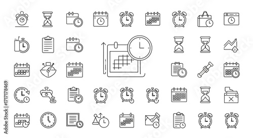 Vector Icons Set of A comprehensive set of hand drawn time and date line icons for planning and scheduling. EPS Editable