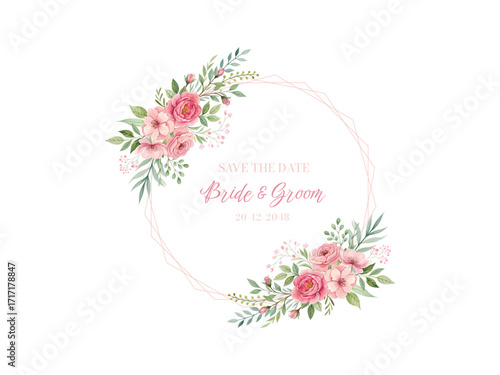 Flower watercolor wreath set with white bouquet rose design and gold frame perfect for invitation cards, posters, banners, wedding templates and decorations