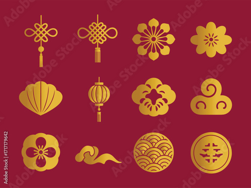 Collection of traditional chinese lucky knots lanterns and ornate decorative symbols for festivities