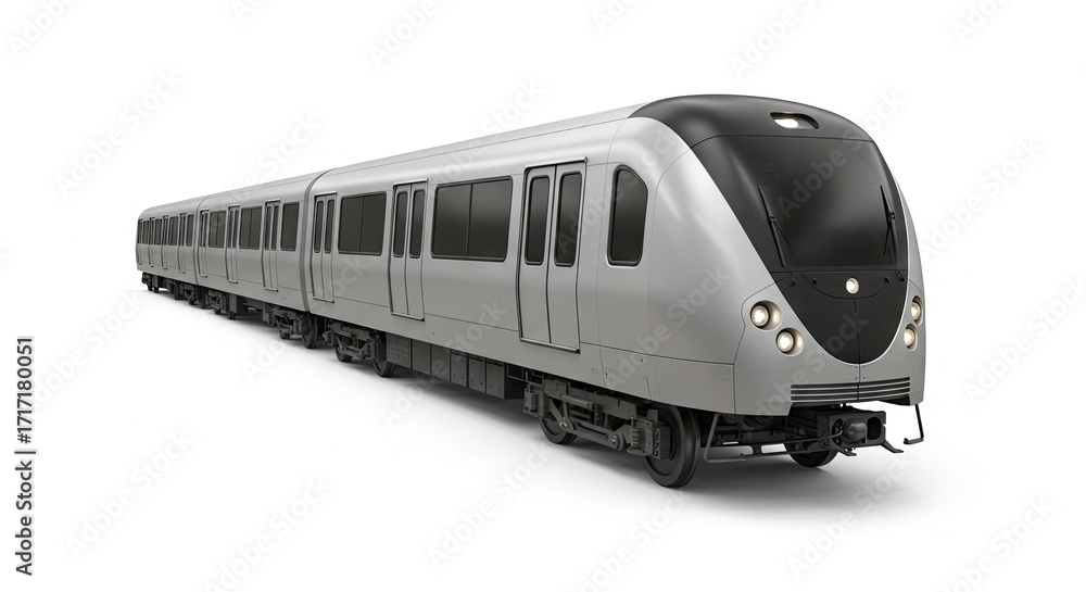 Fototapeta premium A long gray subway train with tinted windows sits on a white surface