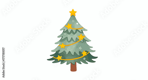 Christmas Tree Illustration Festive Holiday Season Decoration with Star Ornament and Garland