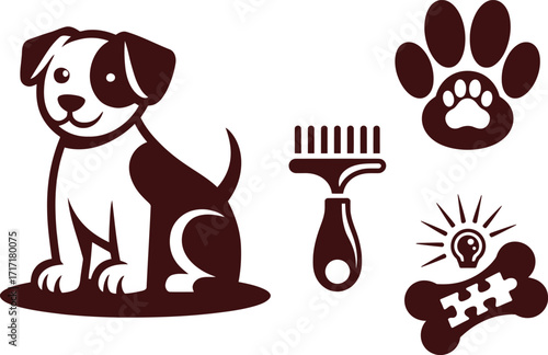 Adorable puppy illustration with paw print, groomer brush, and bone icons